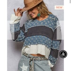 POL Distressed Patchwork Knit Sweater in Blue, Gray & Cream; Size L; New